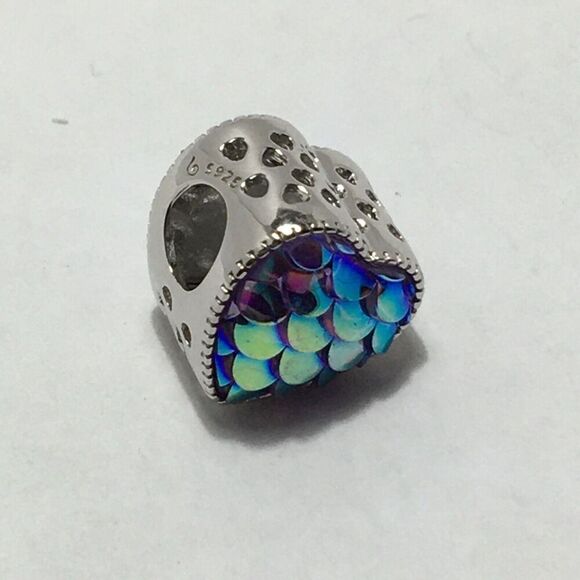 Sterling Silver Charm Heart Bead Iridescent Multicolor Mermaid Fish Scales - Picture 6 of 13
